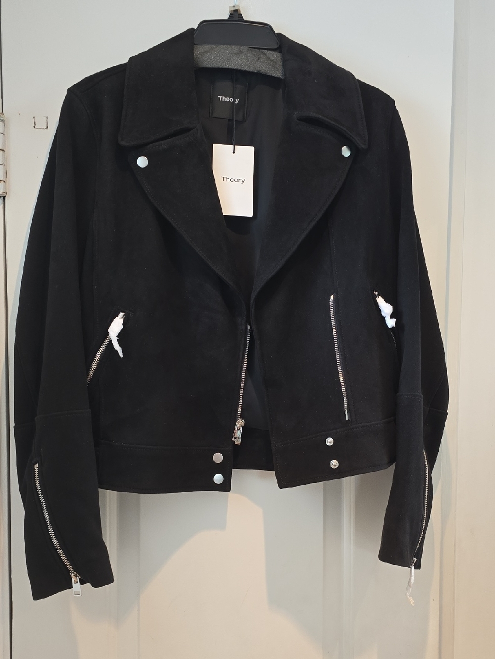 Theory Black Suede Biker Jacket with Silver Hardware